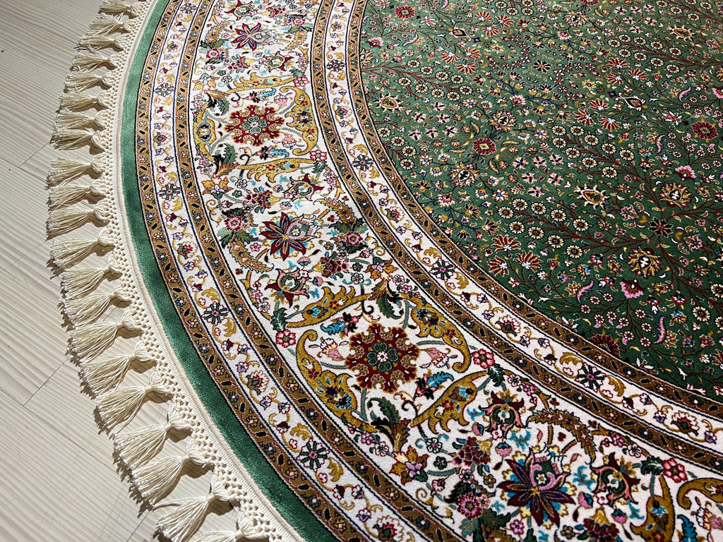 5x5 ft Round Turkish Rug, Green Modal Silk Carpet, Floral Medallion Rug