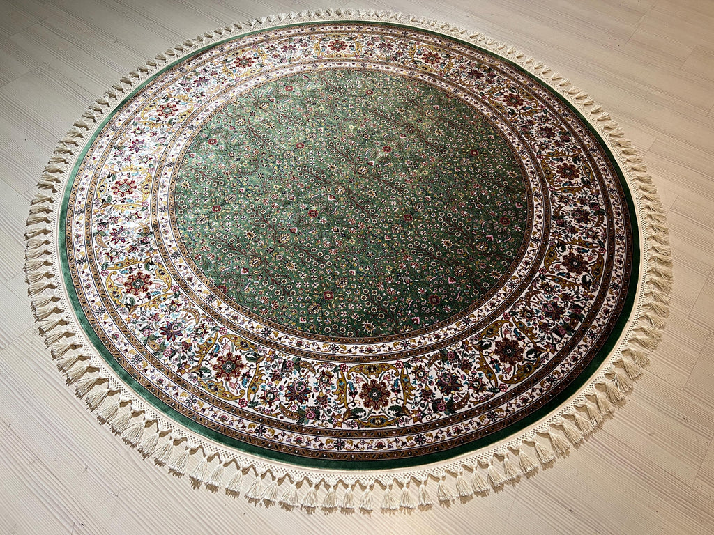 5x5 ft Round Turkish Rug, Green Modal Silk Carpet, Floral Medallion Rug