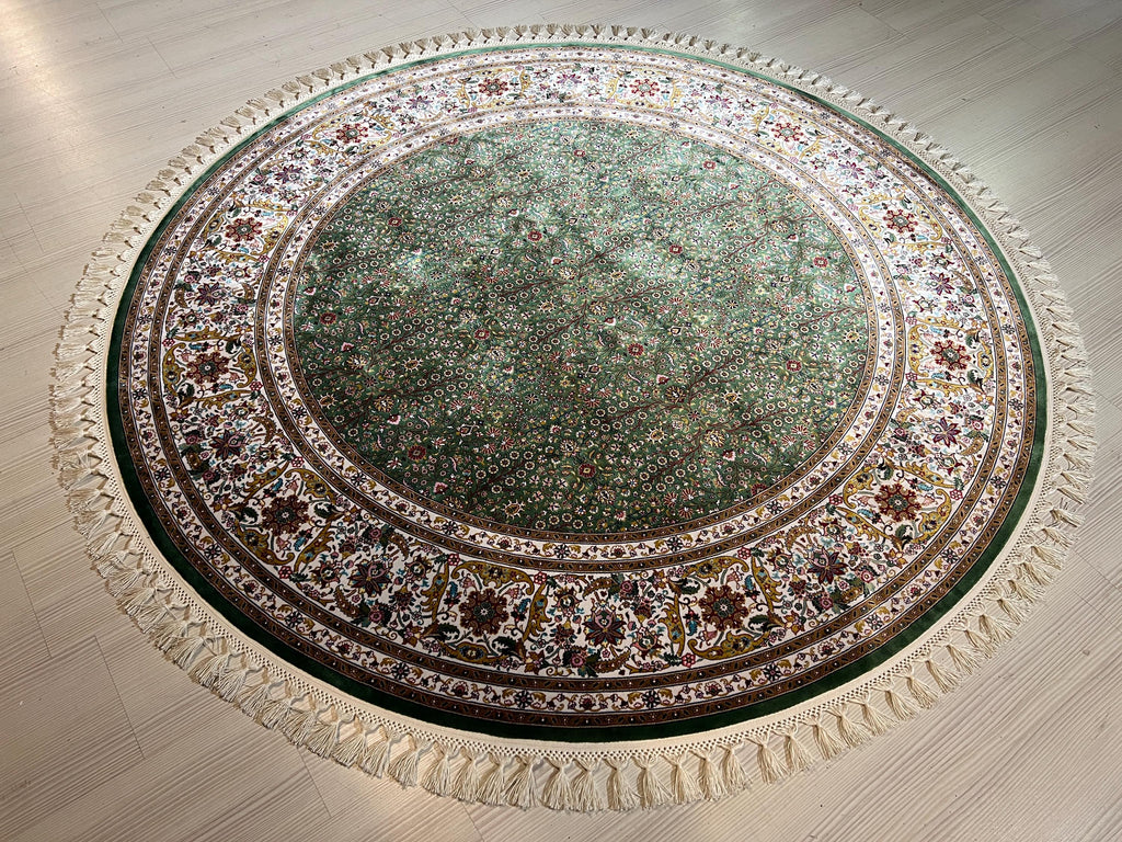 5x5 ft Round Turkish Rug, Green Modal Silk Carpet, Floral Medallion Rug