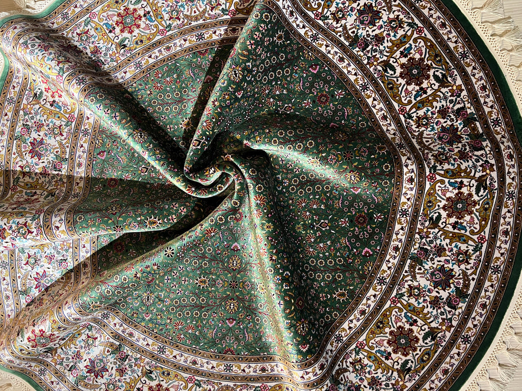 5x5 ft Round Turkish Rug, Green Modal Silk Carpet, Floral Medallion Rug