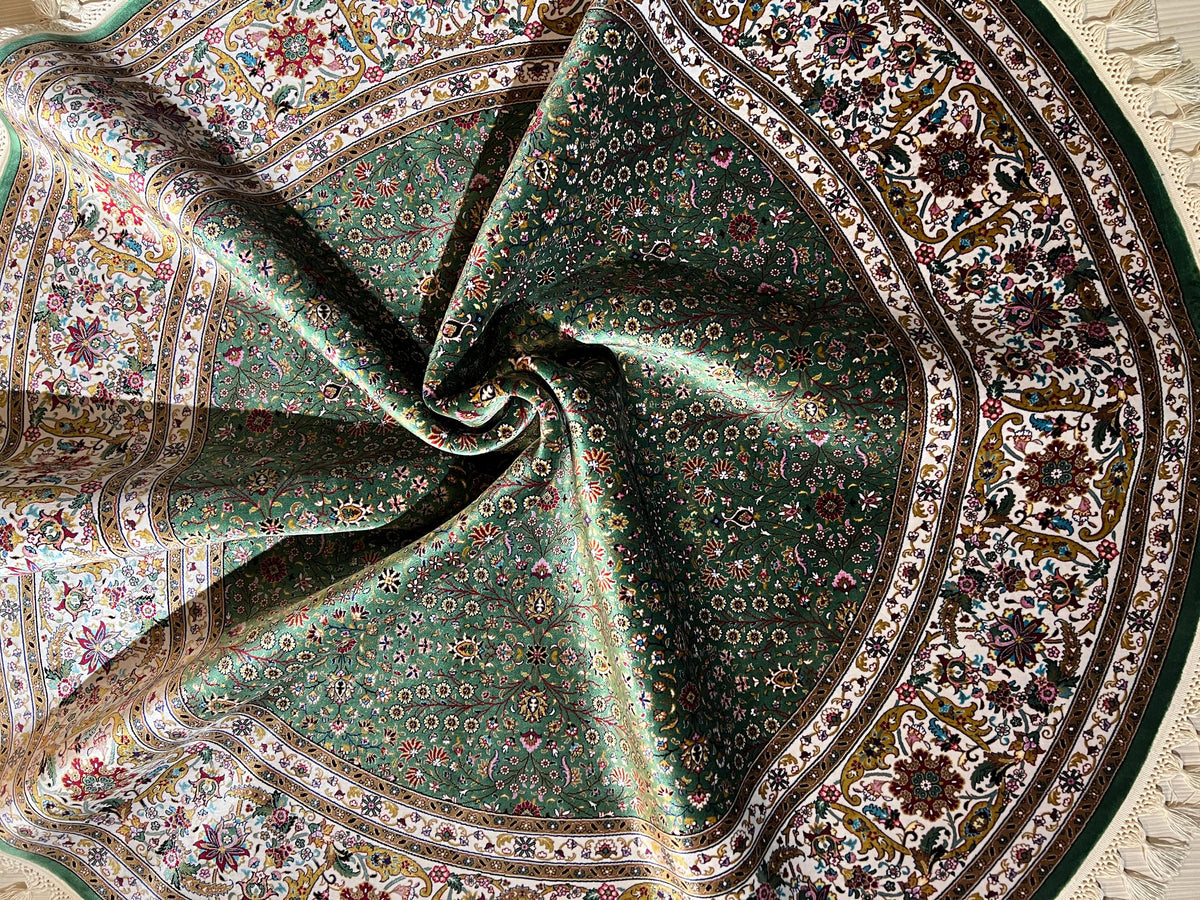 5x5 ft Round Turkish Rug, Green Modal Silk Carpet, Floral Medallion Rug