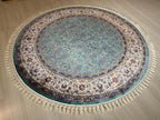 5x5 ft Round Blue Floral Modal Silk Rug, Turkish Circle Area Rug, Elegant Home Decor