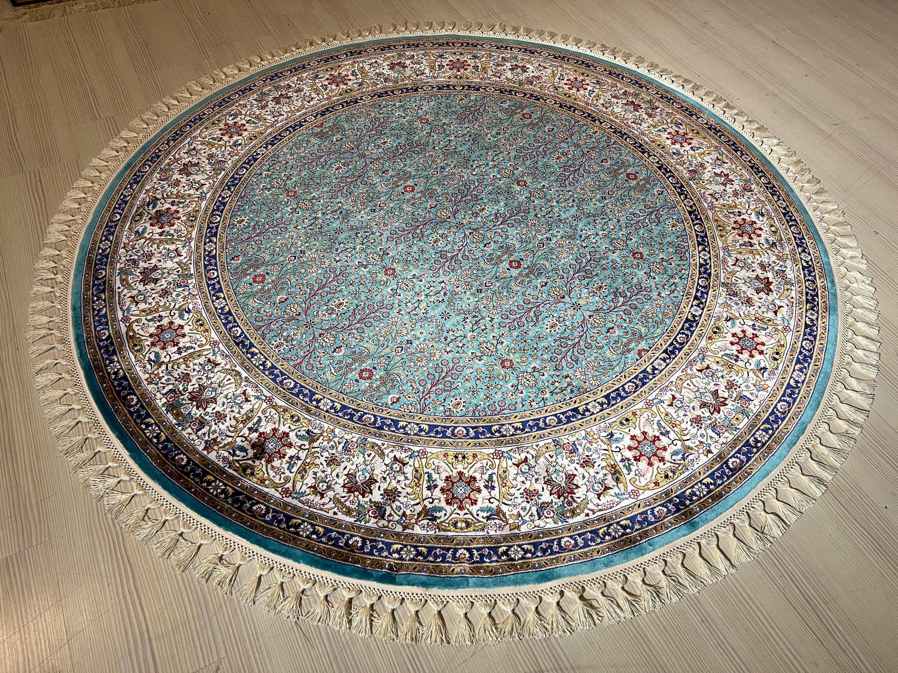 5x5 ft Round Blue Floral Modal Silk Rug, Turkish Circle Area Rug, Elegant Home Decor