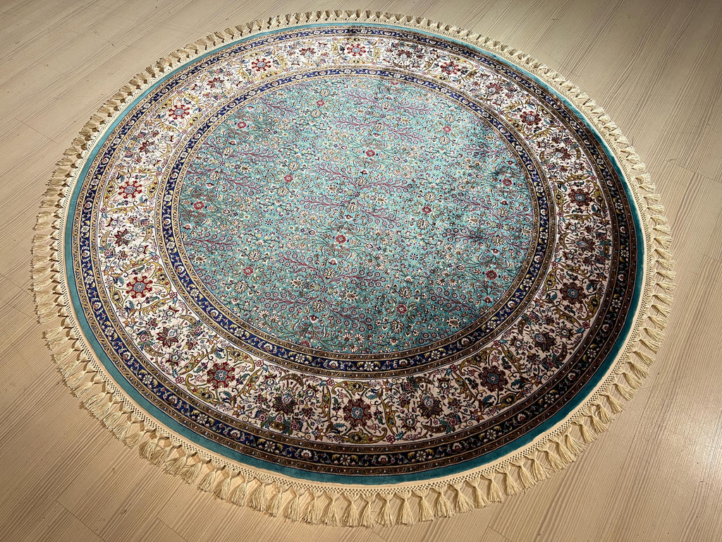 5x5 ft Round Blue Floral Modal Silk Rug, Turkish Circle Area Rug, Elegant Home Decor