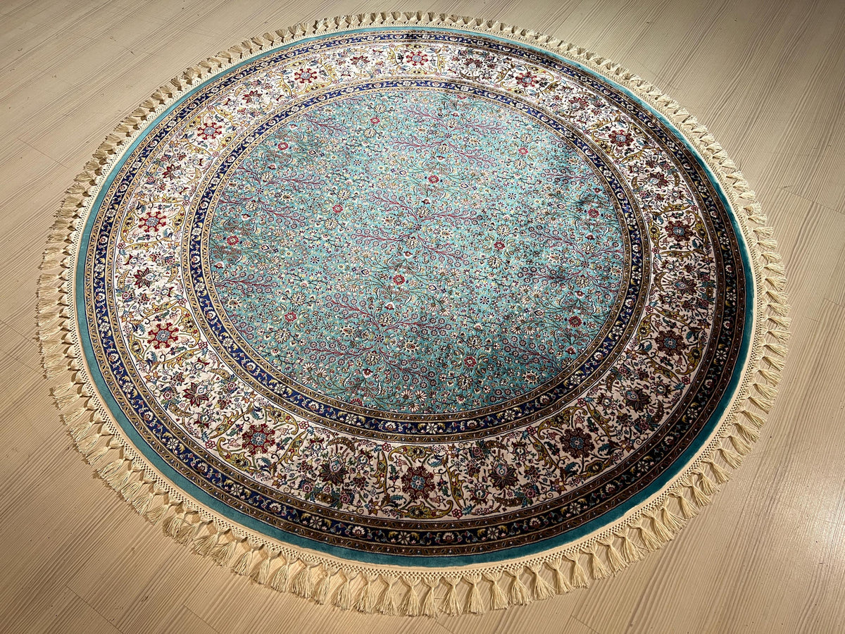 5x5 ft Round Blue Floral Modal Silk Rug, Turkish Circle Area Rug, Elegant Home Decor