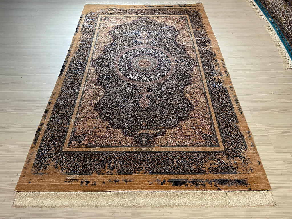 5x8ft Beige Navy Blue Modal Silk Rug, Traditional Classic Rug