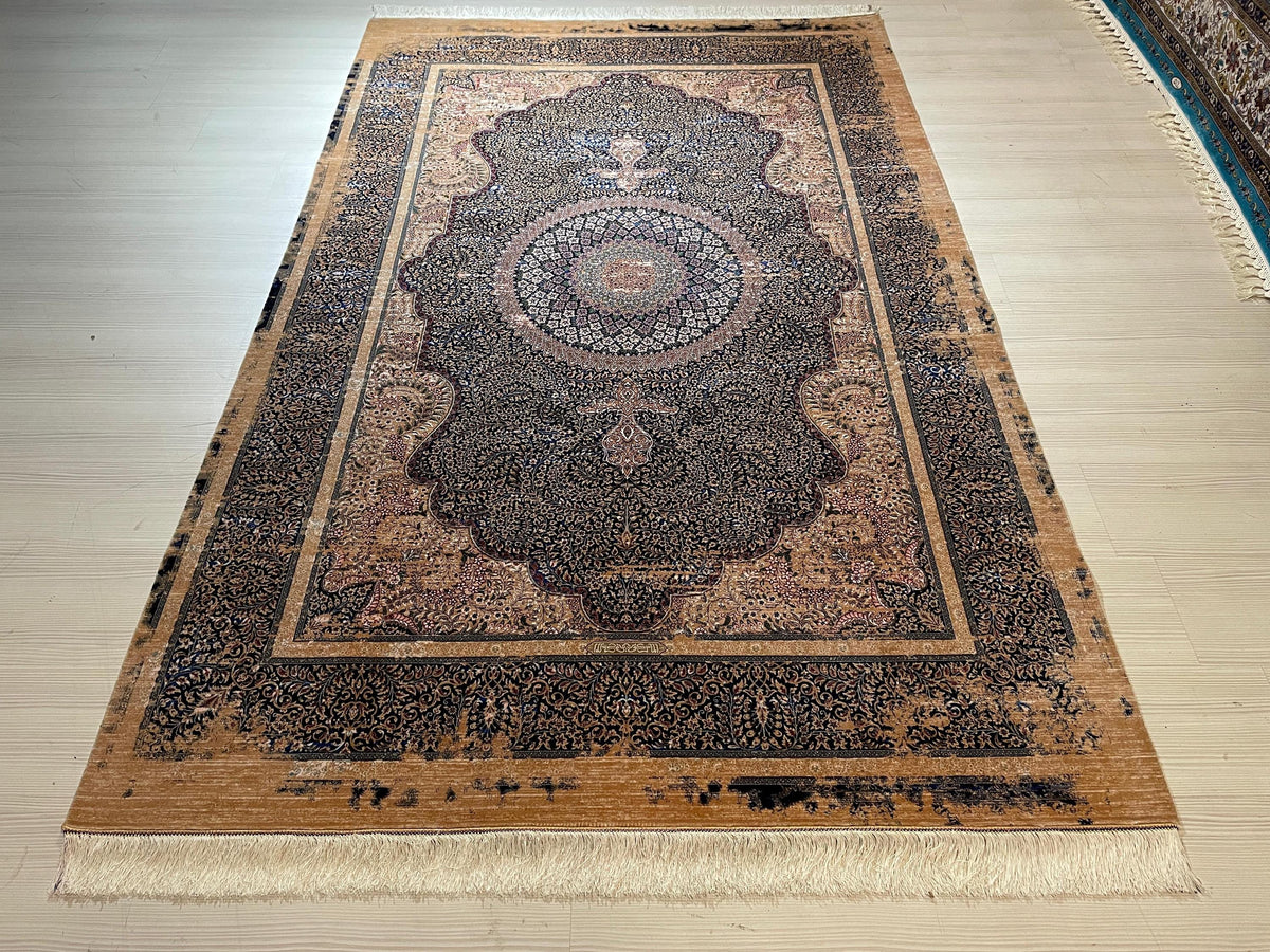 5x8ft Beige Navy Blue Modal Silk Rug, Traditional Classic Rug