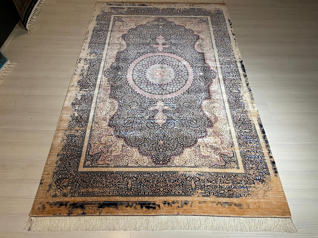 5x8ft Beige Navy Blue Modal Silk Rug, Traditional Classic Rug