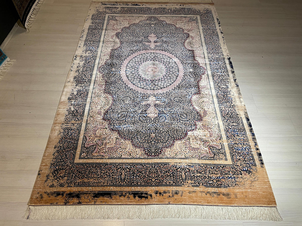 5x8ft Beige Navy Blue Modal Silk Rug, Traditional Classic Rug
