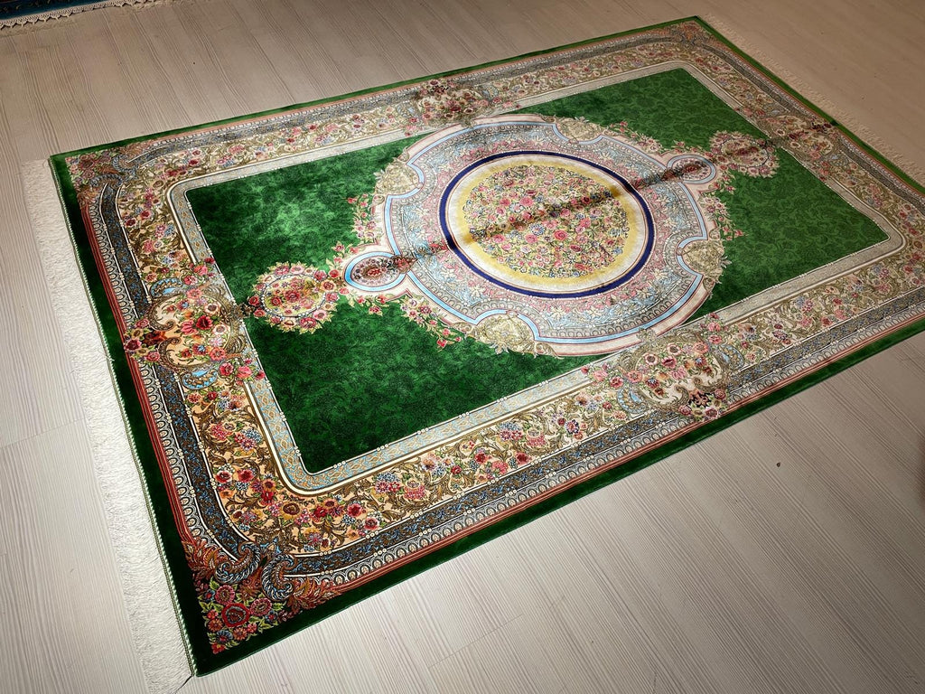 5x8 ft Green Gold Modal Silk Classic Rug, Rug For Living Room, Home Decor