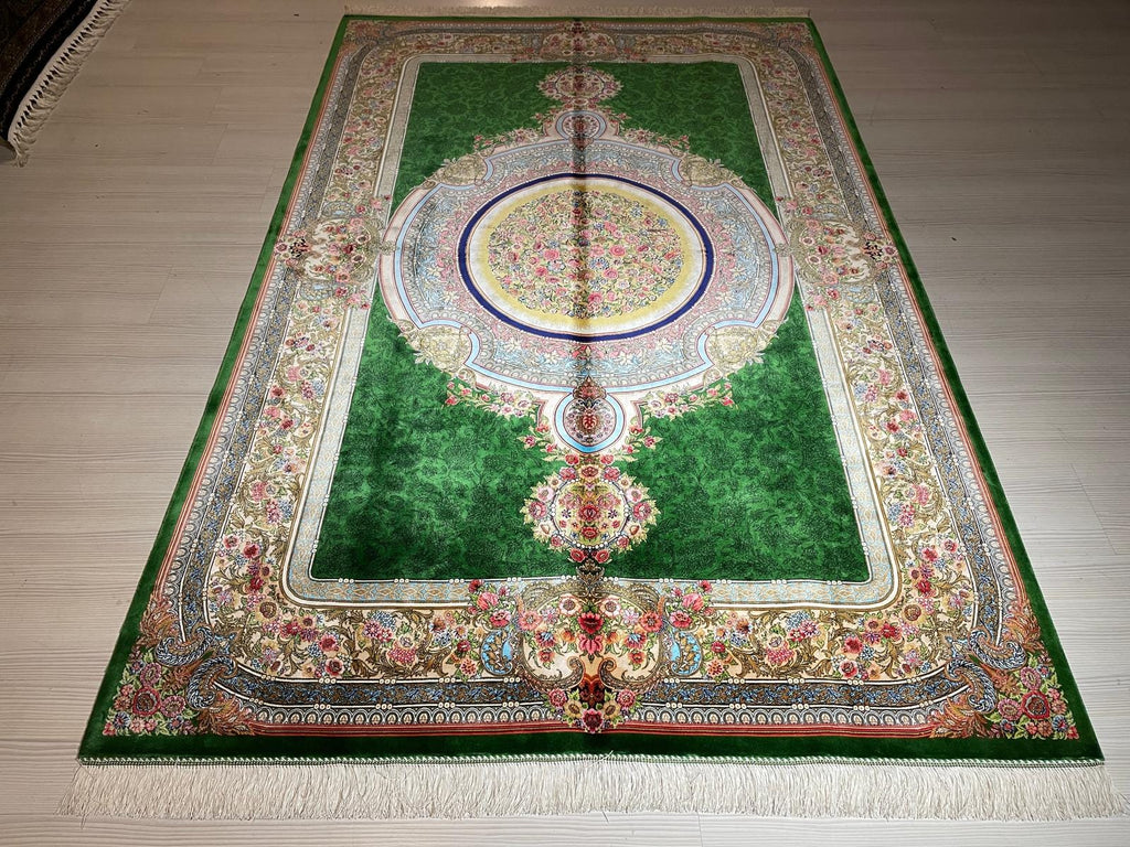 5x8 ft Green Gold Modal Silk Classic Rug, Rug For Living Room, Home Decor
