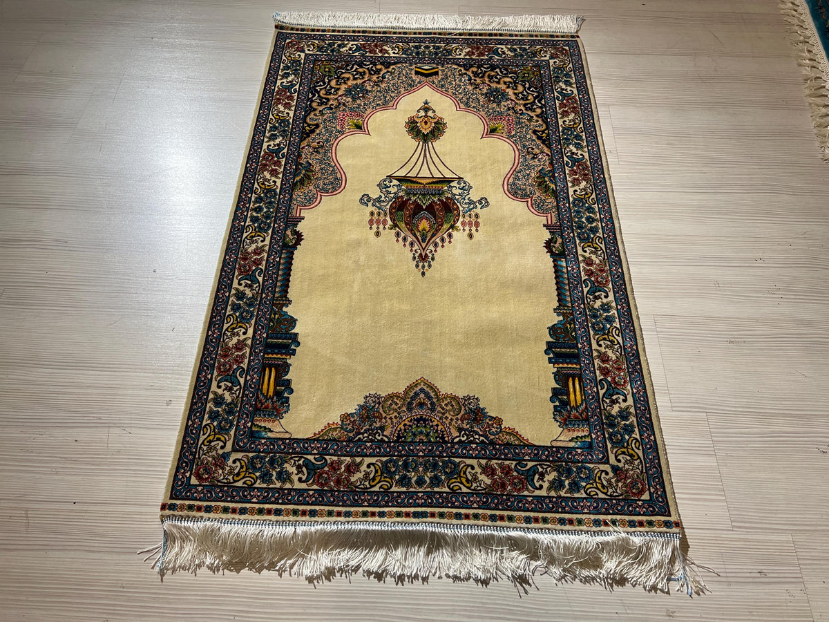 Cream Muslim Prayer Rug, Ottoman Mihrab Modal Silk Sajjadah, Islamic Prayer Mat