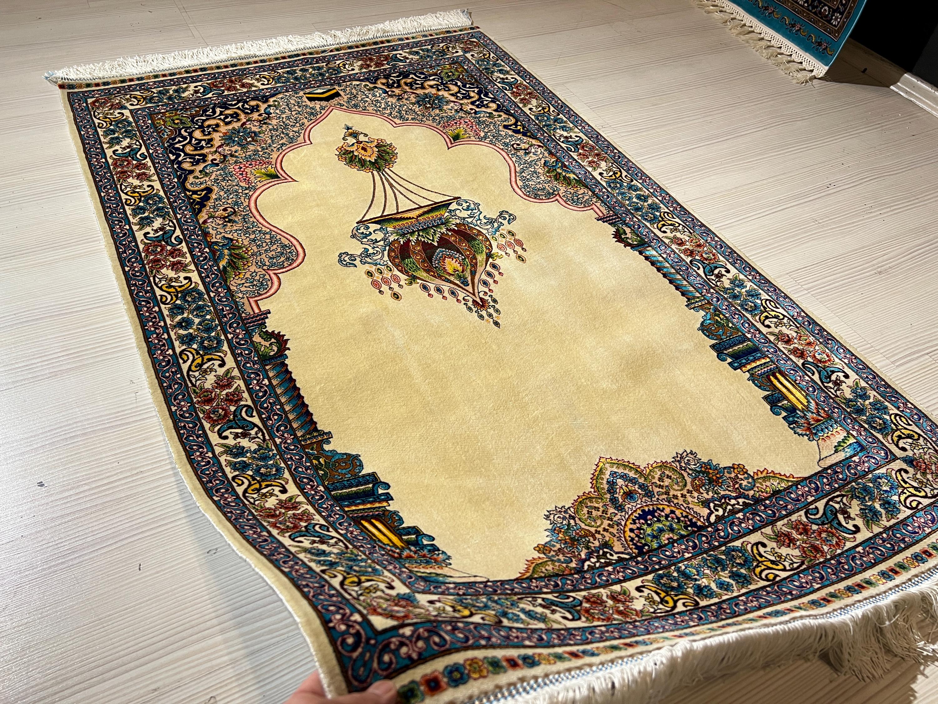 Cream Muslim Prayer Rug, Ottoman Mihrab Modal Silk Sajjadah, Islamic Prayer Mat