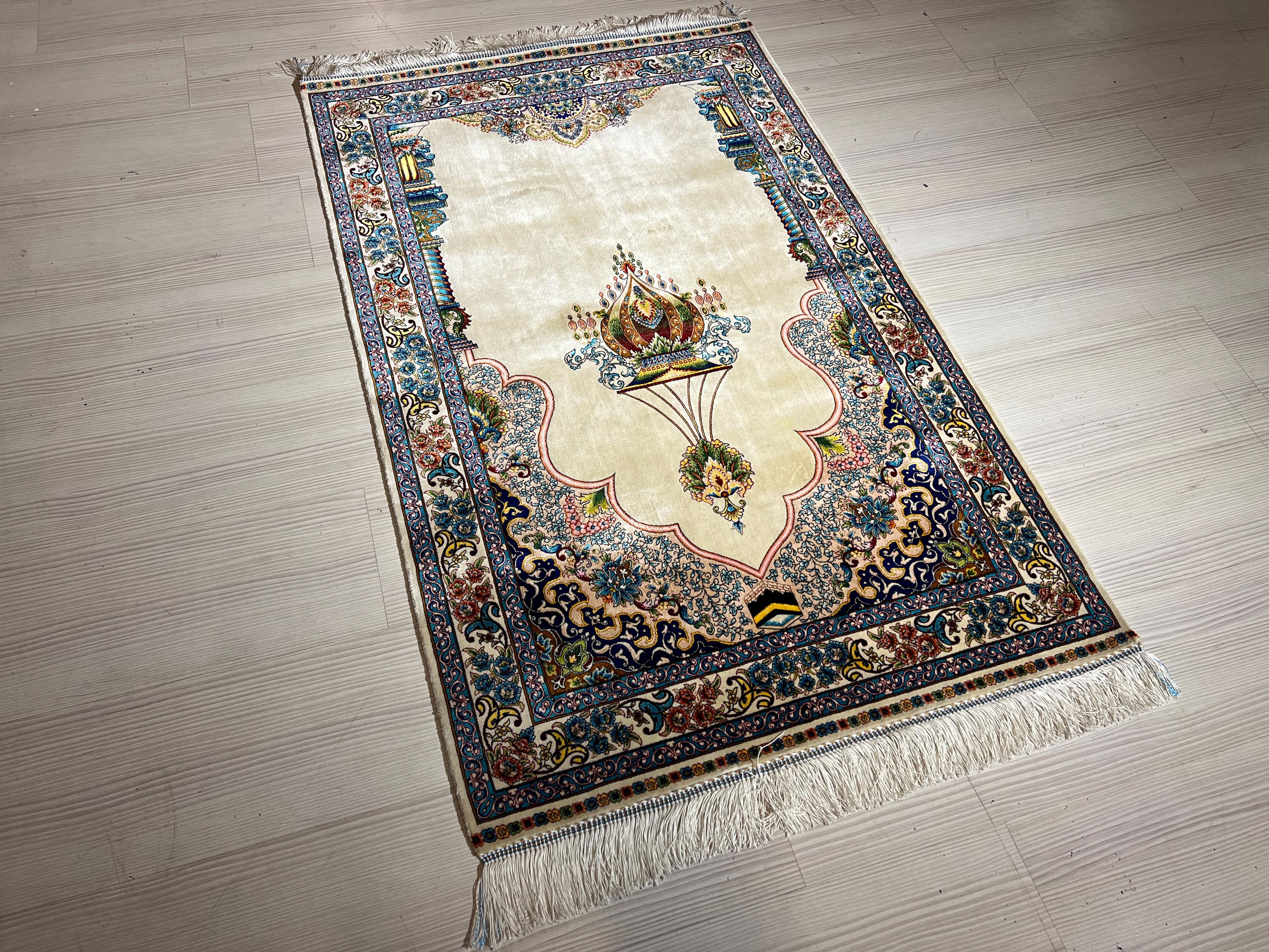 Cream Muslim Prayer Rug, Ottoman Mihrab Modal Silk Sajjadah, Islamic Prayer Mat