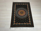 2x3 ft Black Lotus Silk Rug, Turkish Accent Carpet, Sunburst Medallion Decor Rug