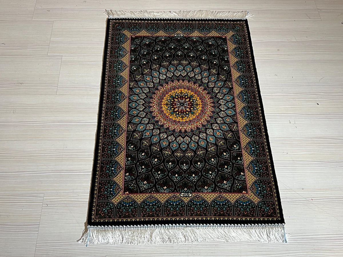 2x3 ft Black Lotus Silk Rug, Turkish Accent Carpet, Sunburst Medallion Decor Rug