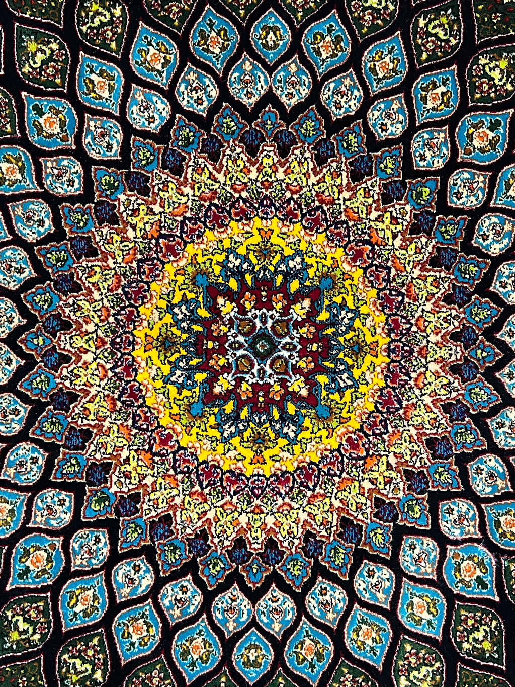 2x3 ft Black Lotus Silk Rug, Turkish Accent Carpet, Sunburst Medallion Decor Rug