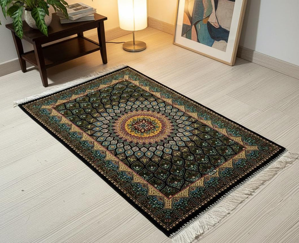 2x3 ft Black Lotus Silk Rug, Turkish Accent Carpet, Sunburst Medallion Decor Rug