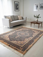 5x8ft Beige Navy Blue Modal Silk Rug, Traditional Classic Rug