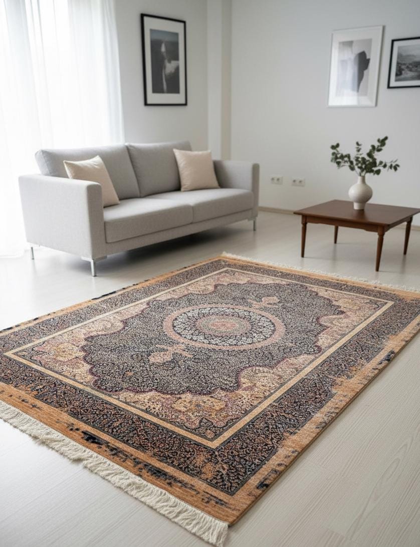 5x8ft Beige Navy Blue Modal Silk Rug, Traditional Classic Rug