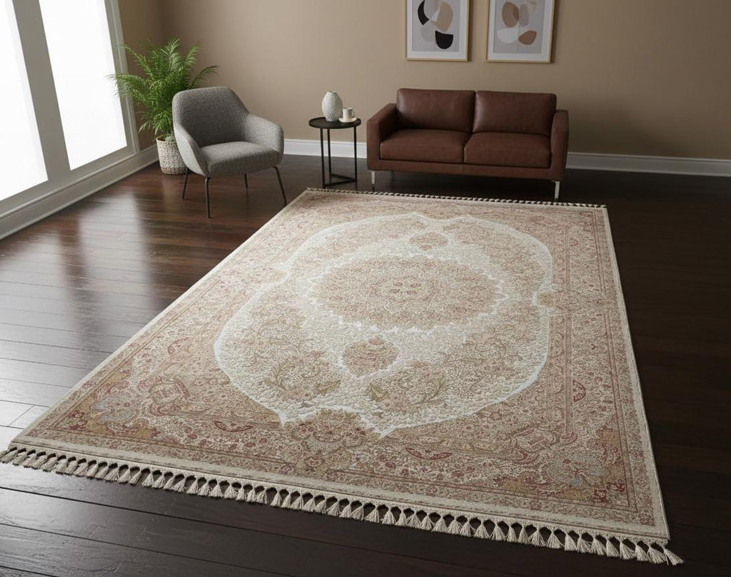 7x10 ft Ivory Modal Silk Oriental Rug, Turkish Style  Medallion Area Rug