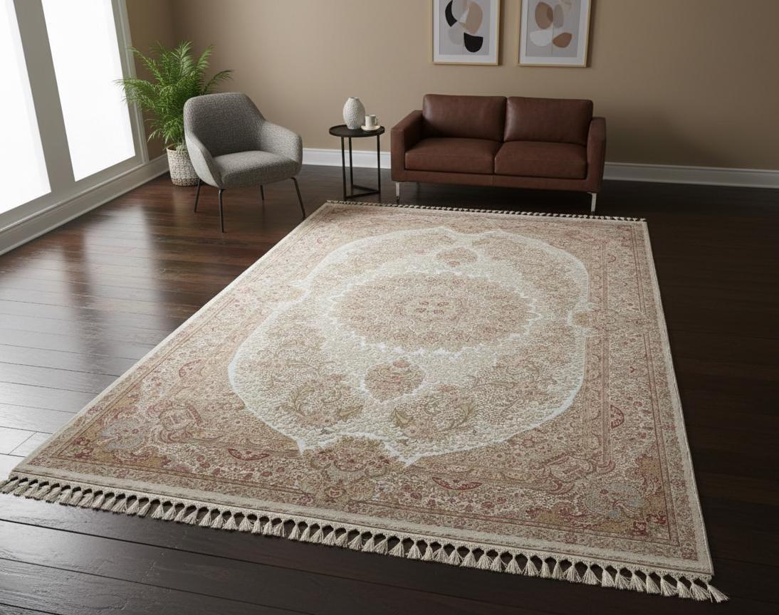 7x10 ft Ivory Modal Silk Oriental Rug, Turkish Style  Medallion Area Rug
