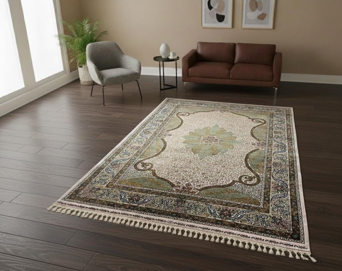 7x10 ft Green Ivory Floral MedallionSilk  Rug, Luxury Living Room Rug