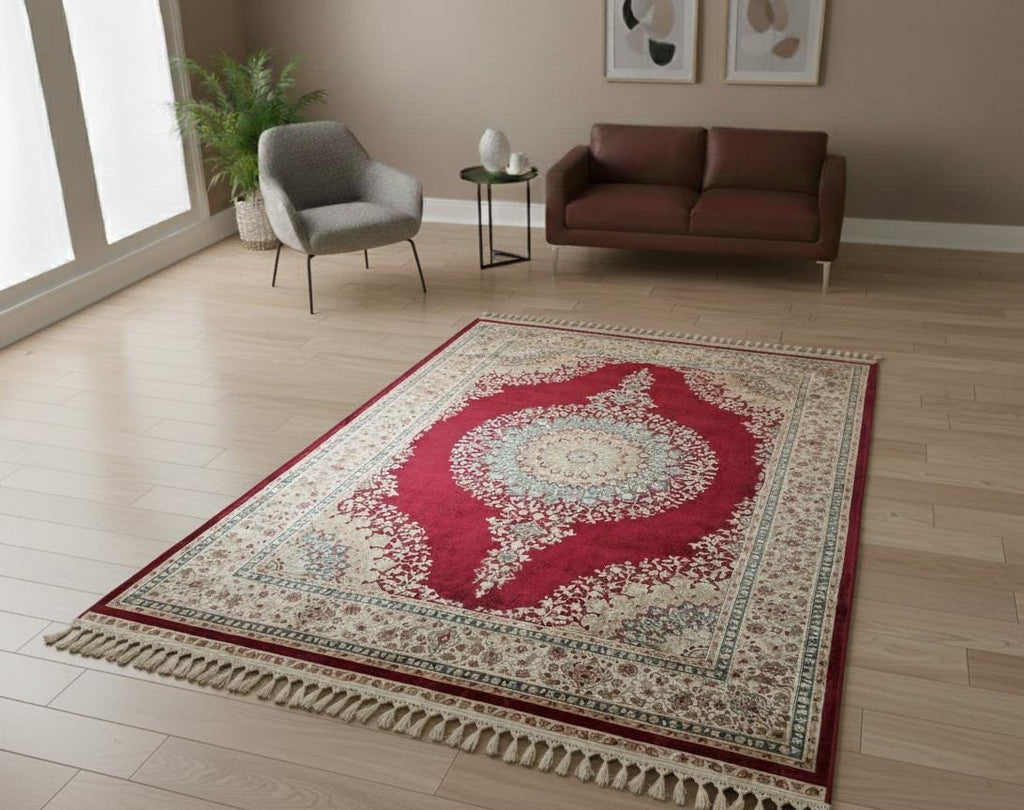 Red Modal Silk Rug 5x8, Oriental Medallion Design, Luxury Home Decor