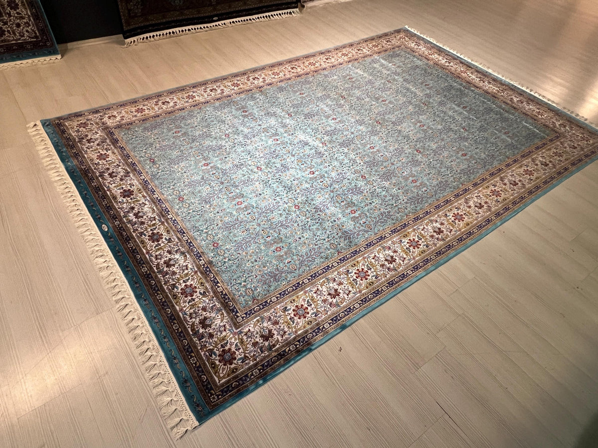5x8 Turkish Modal Silk Rug, Blue Oriental Design, Luxury Living Room Decor