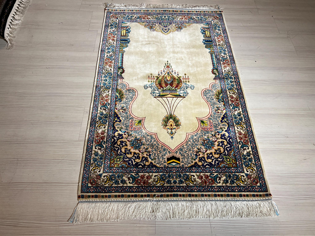 Cream Muslim Prayer Rug, Ottoman Mihrab Modal Silk Sajjadah, Islamic Prayer Mat