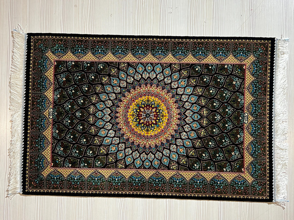 2x3 ft Black Lotus Silk Rug, Turkish Accent Carpet, Sunburst Medallion Decor Rug