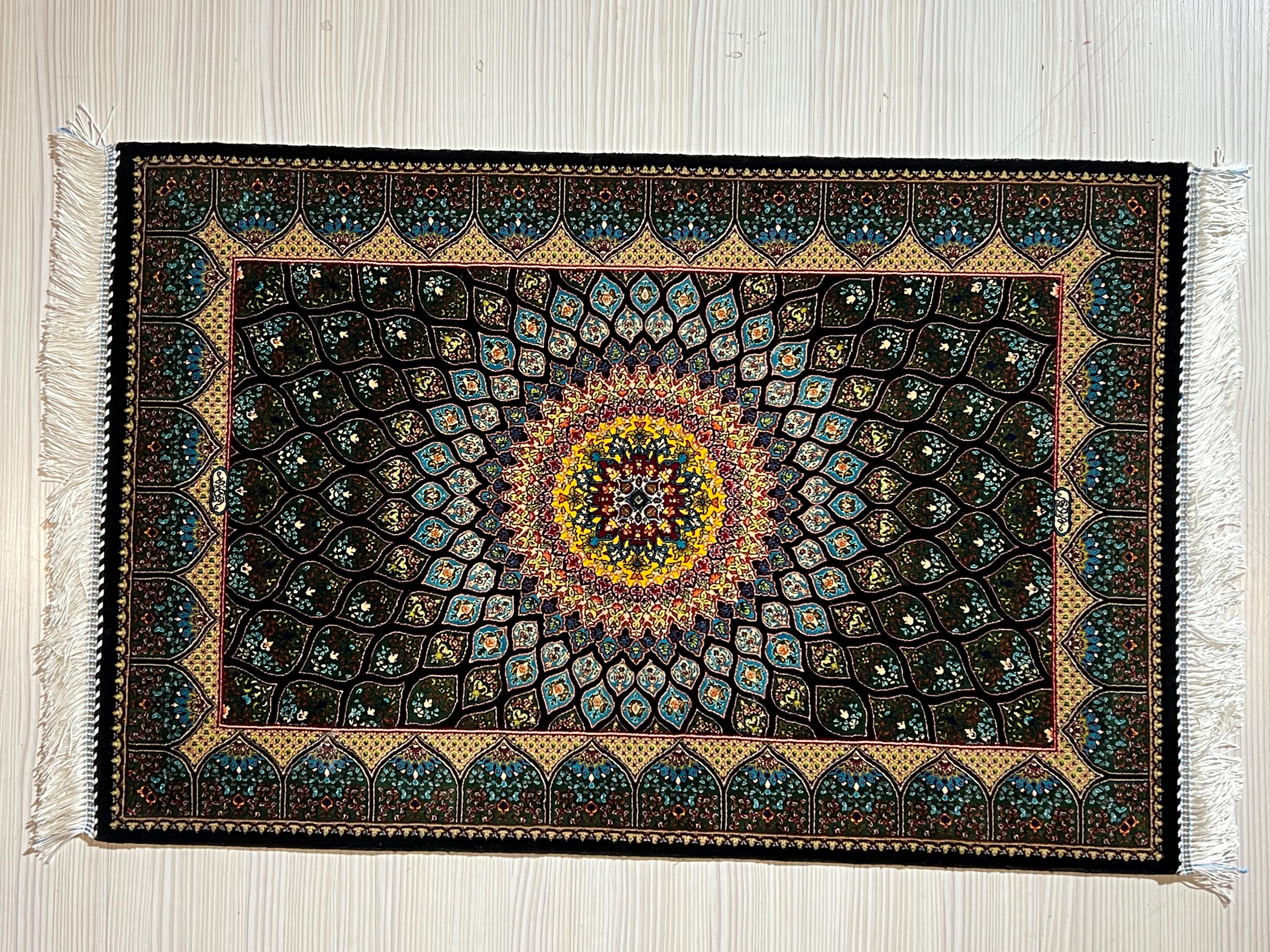 2x3 ft Black Lotus Silk Rug, Turkish Accent Carpet, Sunburst Medallion Decor Rug