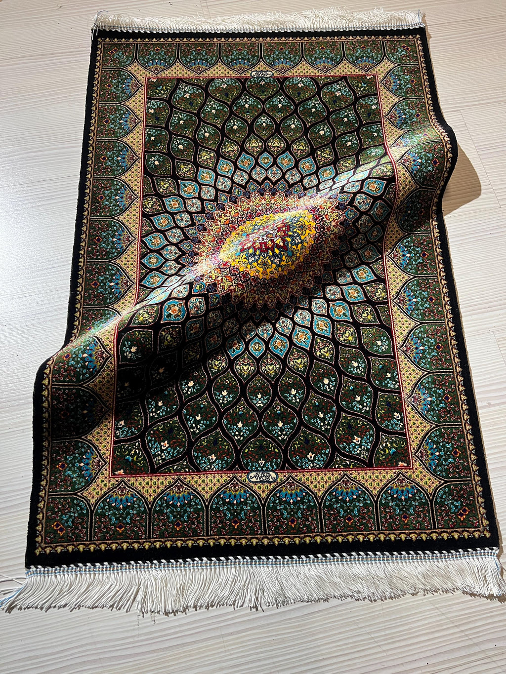 2x3 ft Black Lotus Silk Rug, Turkish Accent Carpet, Sunburst Medallion Decor Rug