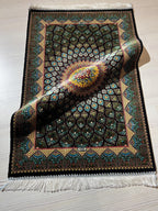 2x3 ft Black Lotus Silk Rug, Turkish Accent Carpet, Sunburst Medallion Decor Rug