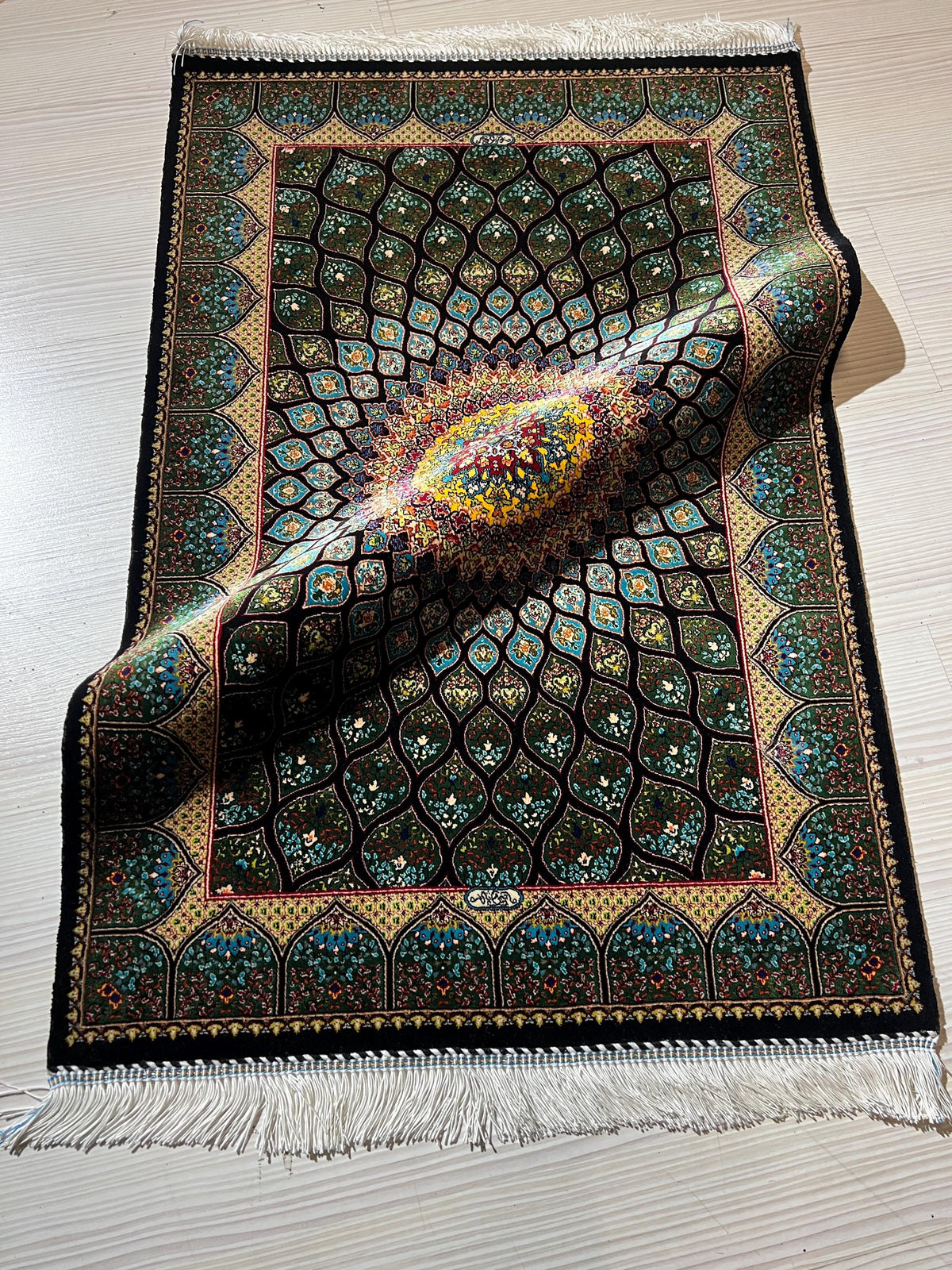 2x3 ft Black Lotus Silk Rug, Turkish Accent Carpet, Sunburst Medallion Decor Rug