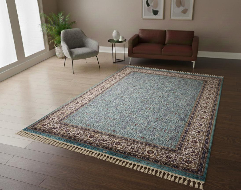 5x8 Turkish Modal Silk Rug, Blue Oriental Design, Luxury Living Room Decor