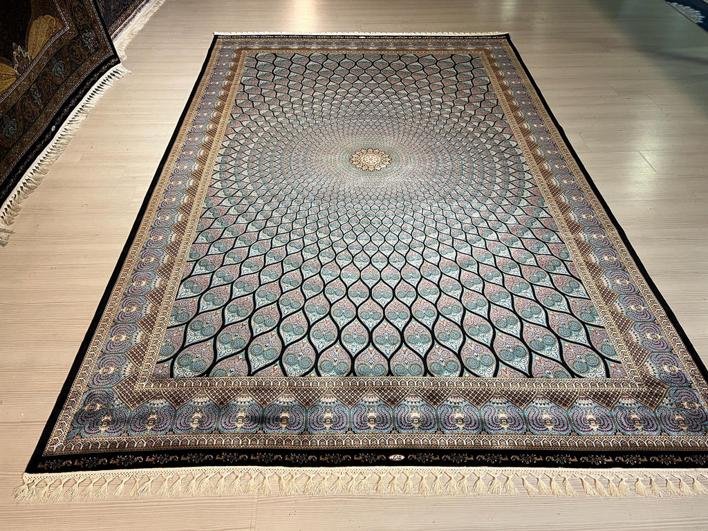 7x10 ft Blue Dome Medallion Modal Silk Rug, Geometric Luxury Area Rug
