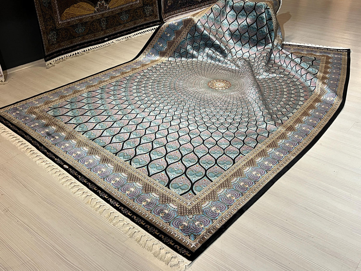 7x10 ft Blue Dome Medallion Modal Silk Rug, Geometric Luxury Area Rug