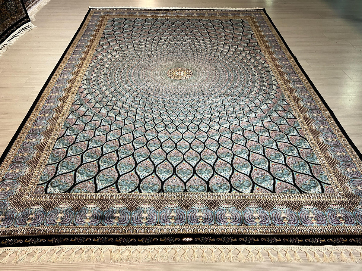 7x10 ft Blue Dome Medallion Modal Silk Rug, Geometric Luxury Area Rug