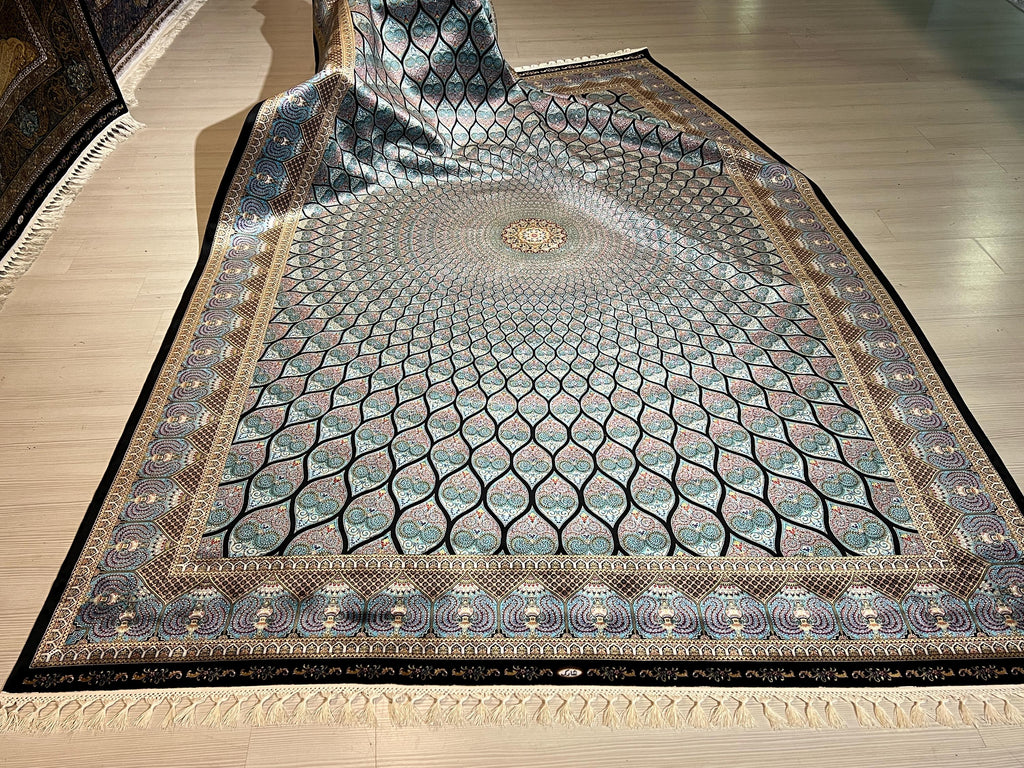 7x10 ft Blue Dome Medallion Modal Silk Rug, Geometric Luxury Area Rug