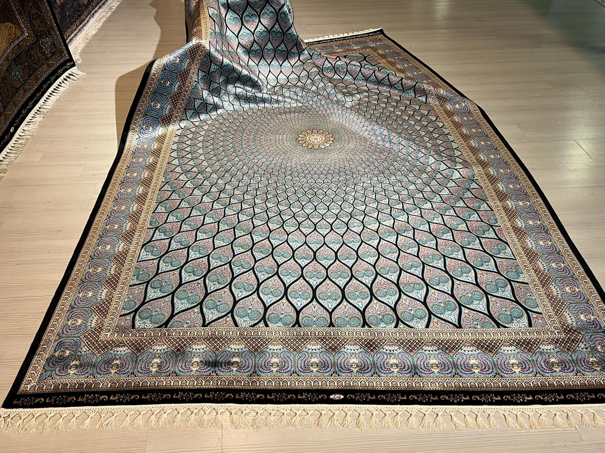 7x10 ft Blue Dome Medallion Modal Silk Rug, Geometric Luxury Area Rug