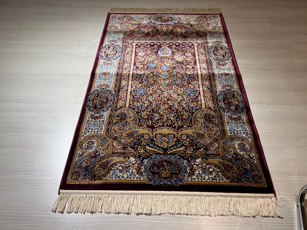 Silk Prayer Rug, Floral Mihrab Design, Burgundy Seccade, Turkish Decor, Gift Rug