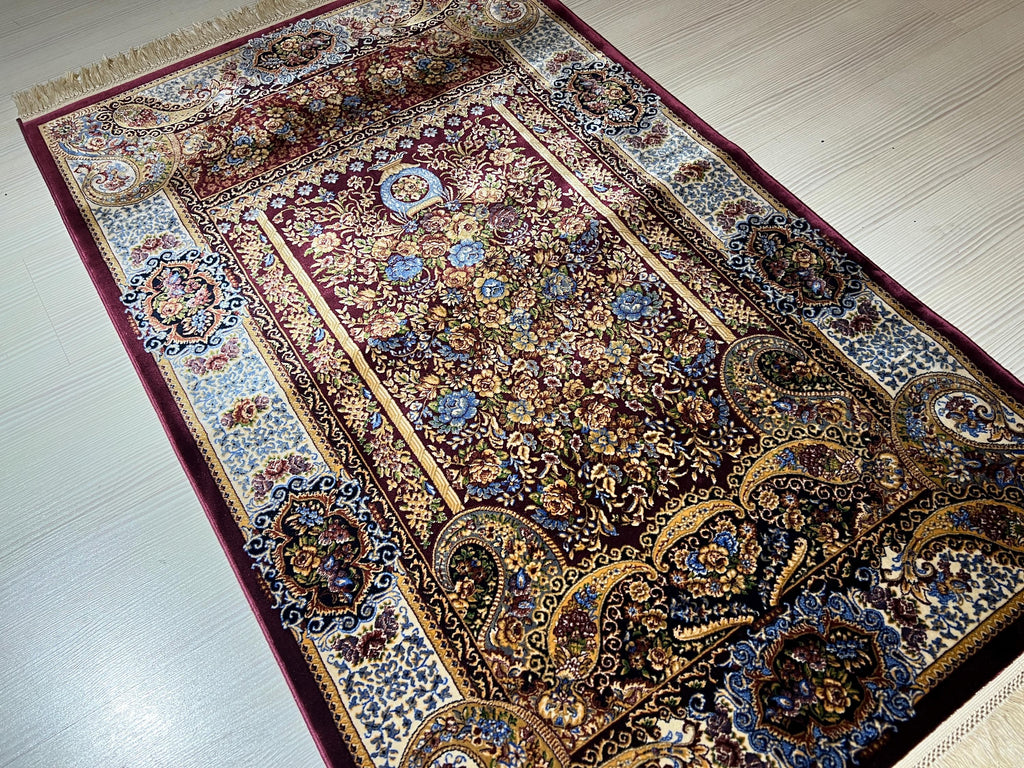 Silk Prayer Rug, Floral Mihrab Design, Burgundy Seccade, Turkish Decor, Gift Rug