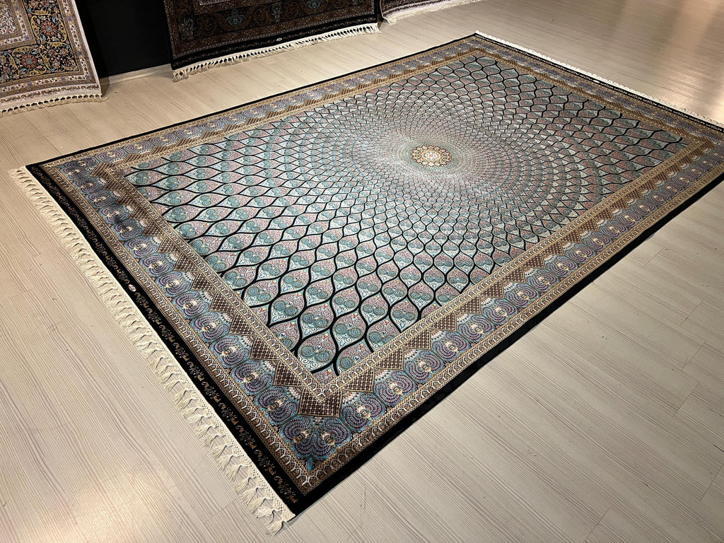 7x10 ft Blue Dome Medallion Modal Silk Rug, Geometric Luxury Area Rug