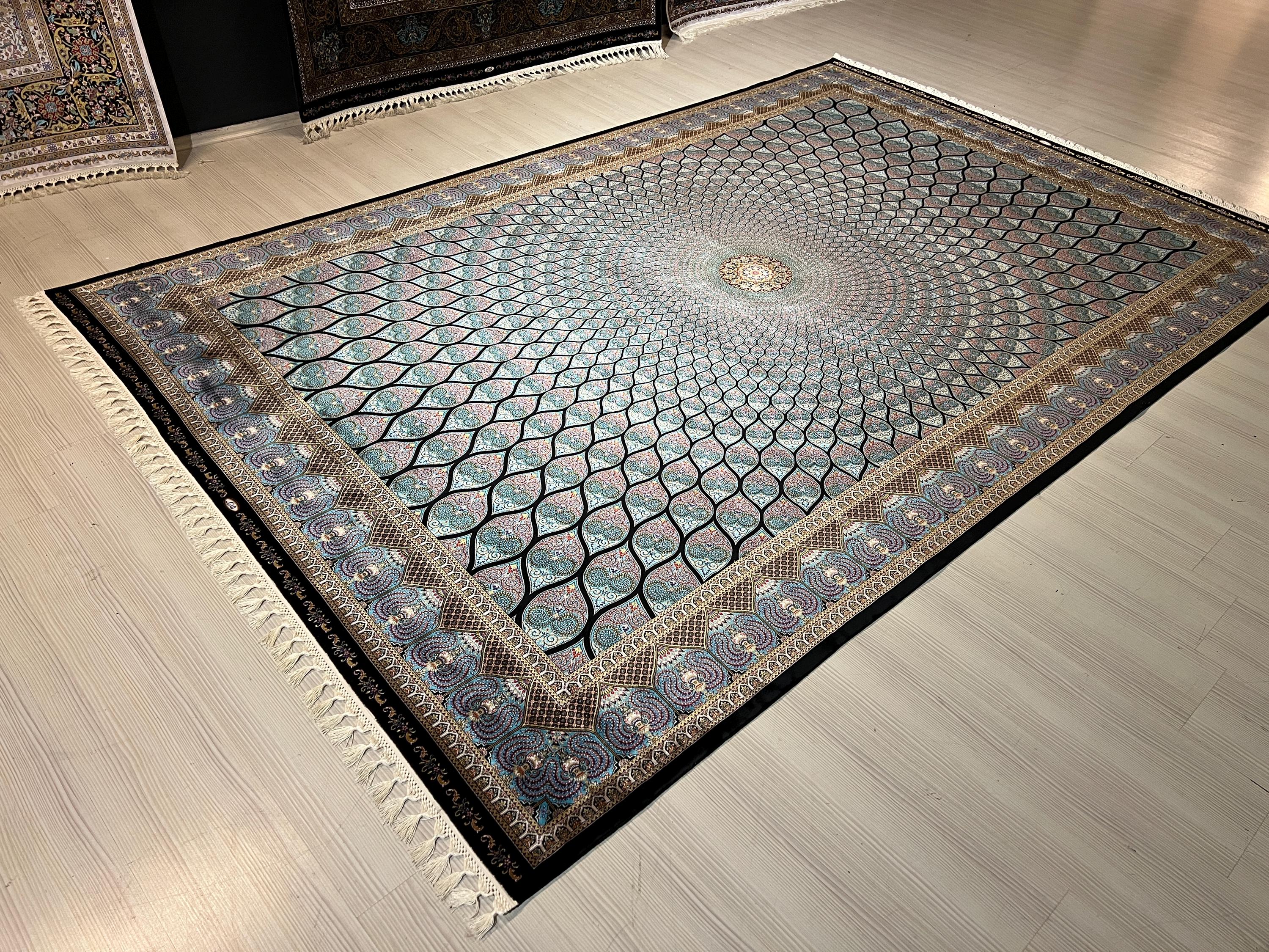 7x10 ft Blue Dome Medallion Modal Silk Rug, Geometric Luxury Area Rug