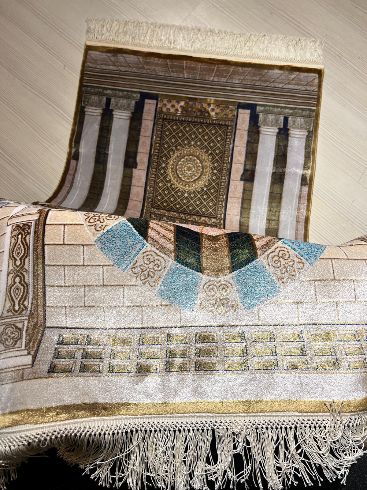 Silk Prayer Rug, Architectural Mihrab Design, Beige Gold Turkish Decor