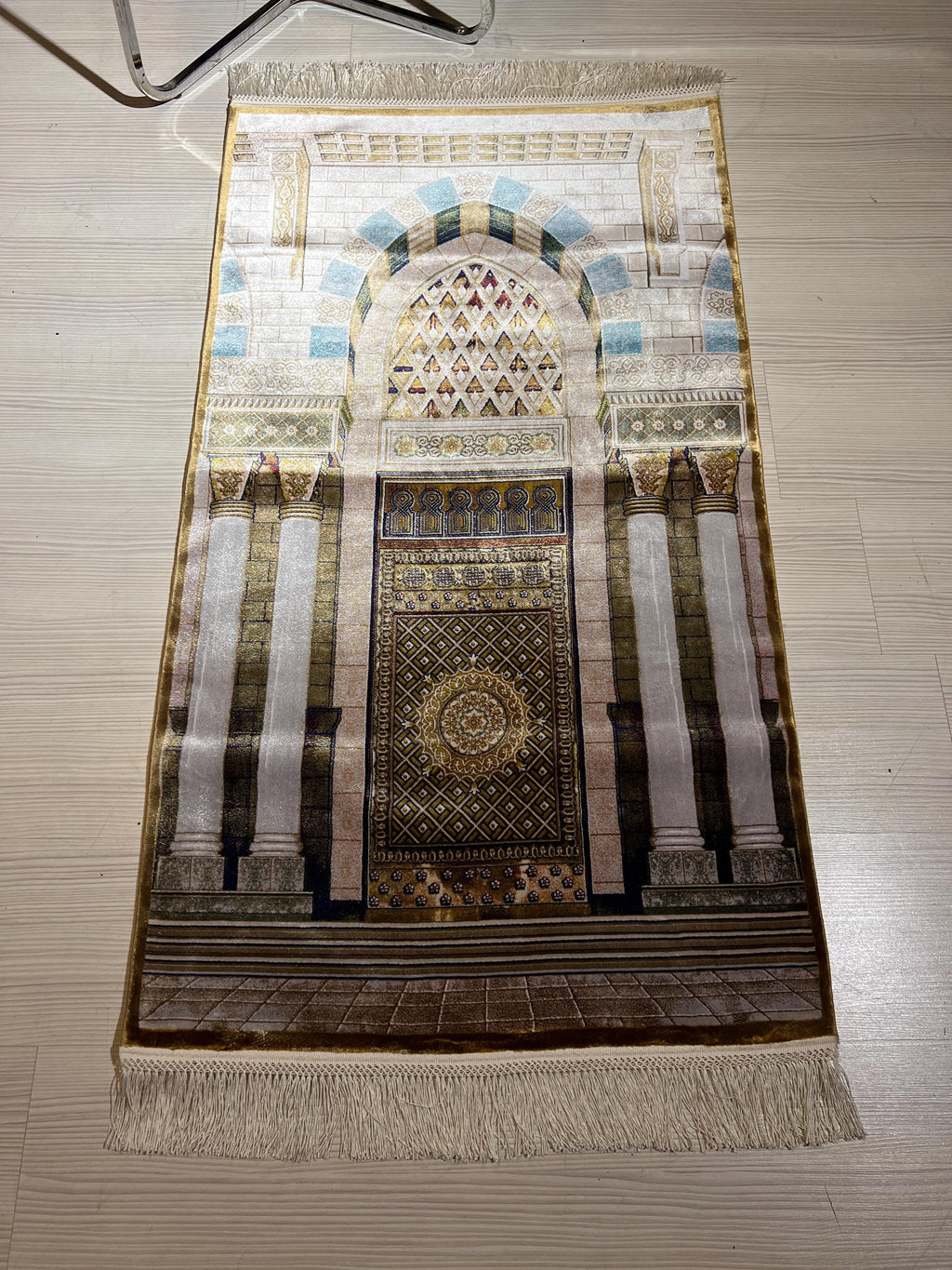 Silk Prayer Rug, Architectural Mihrab Design, Beige Gold Turkish Decor
