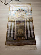 Silk Prayer Rug, Architectural Mihrab Design, Beige Gold Turkish Decor