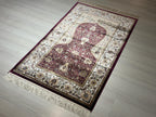 Burgundy Cream Silk Prayer Rug, Mihrab Vase Motif, Turkish Style Muslim İslamic Rug