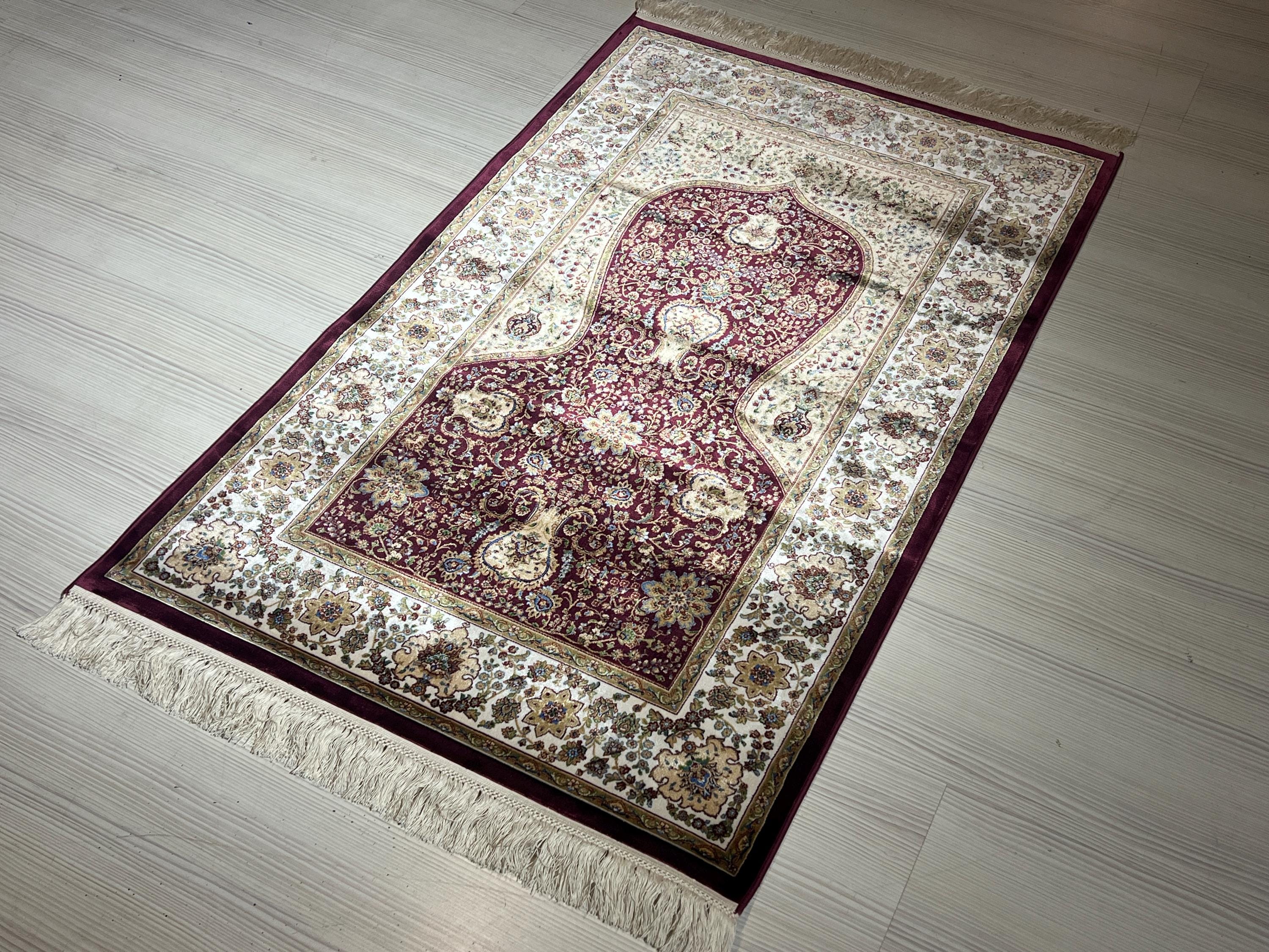 Burgundy Cream Silk Prayer Rug, Mihrab Vase Motif, Turkish Style Muslim İslamic Rug